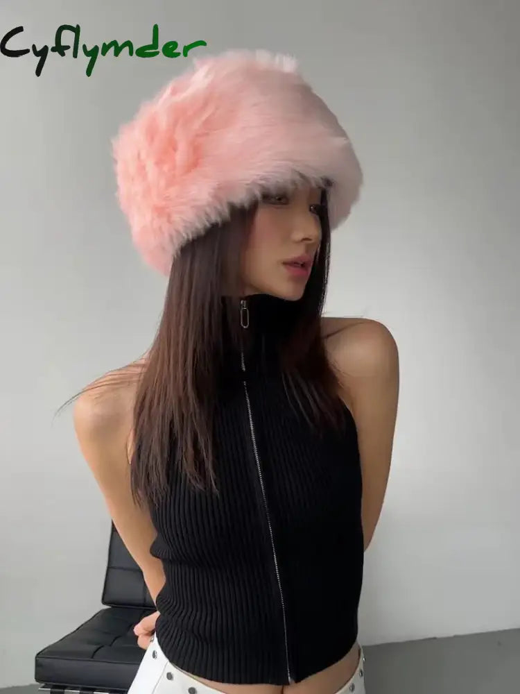 Cyflymder Women Winter Faux Fur Hat Cossack Russian Style Fuzzy Fluffy Cap Y2K 2000s Warm Hat for Female Outdoor