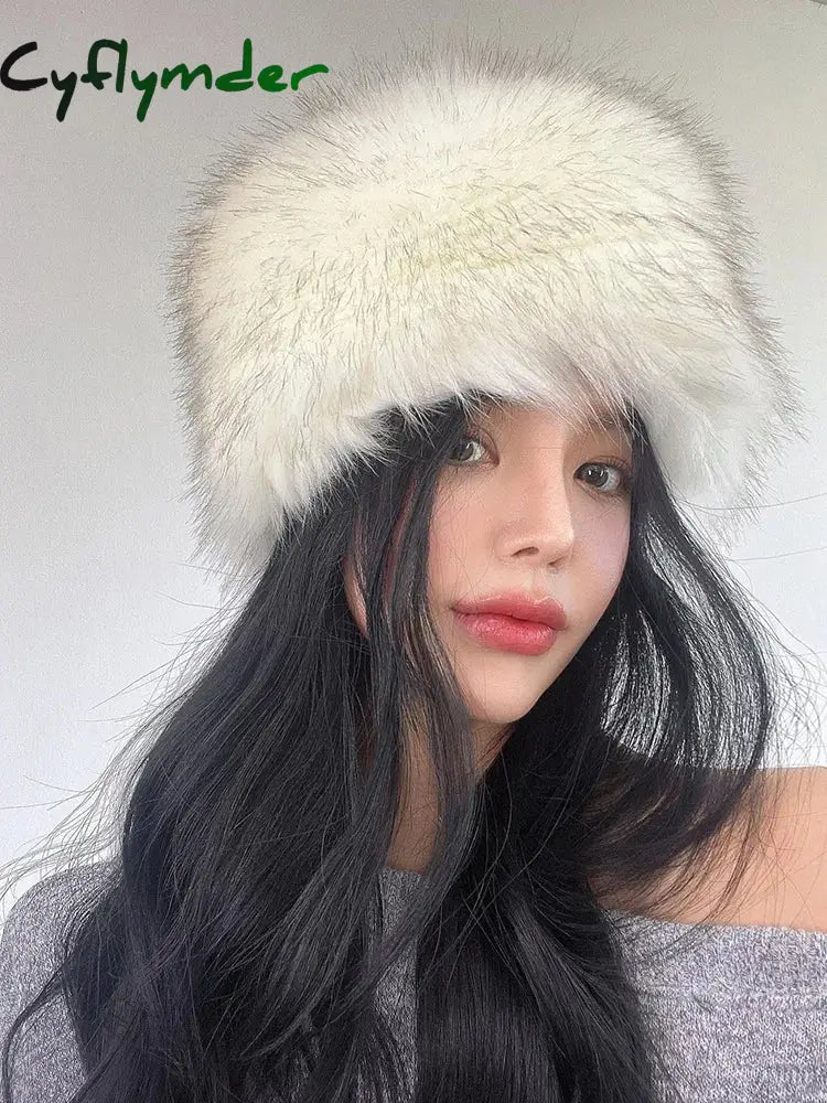 Cyflymder Women Winter Faux Fur Hat Cossack Russian Style Fuzzy Fluffy Cap Y2K 2000s Warm Hat for Female Outdoor