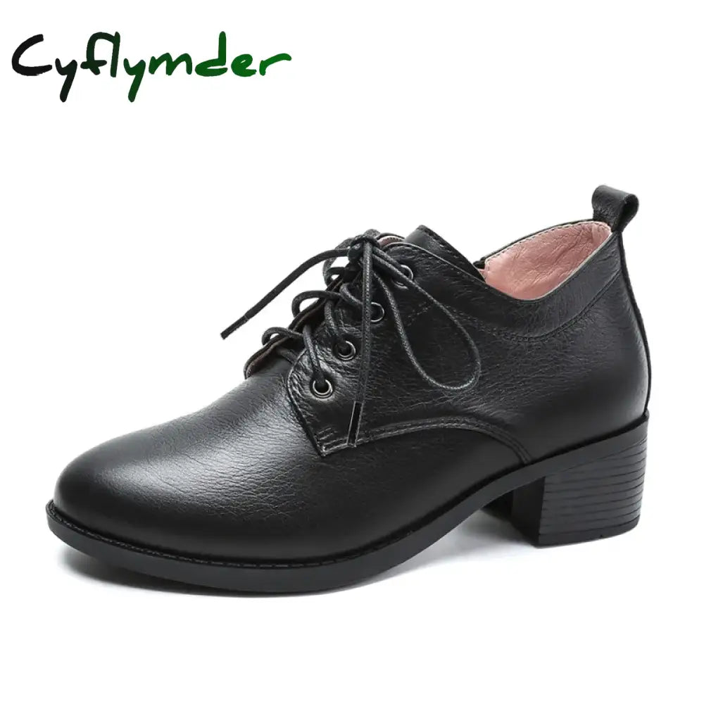 Cyflymder Women Winter Shoes Women’s Loafers Genuine Leather Round Toe Brown Heels Ladies Pumps