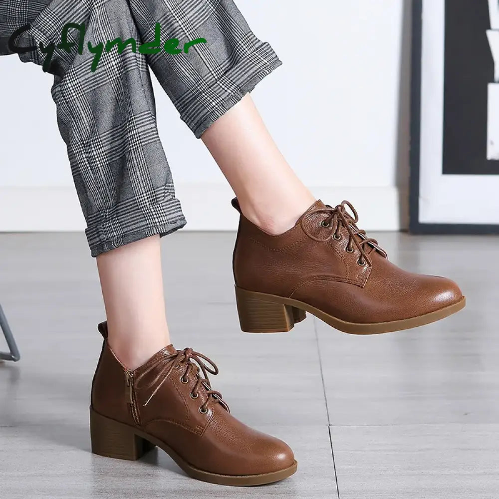 Cyflymder Women Winter Shoes Women’s Loafers Genuine Leather Round Toe Brown Heels Ladies Pumps