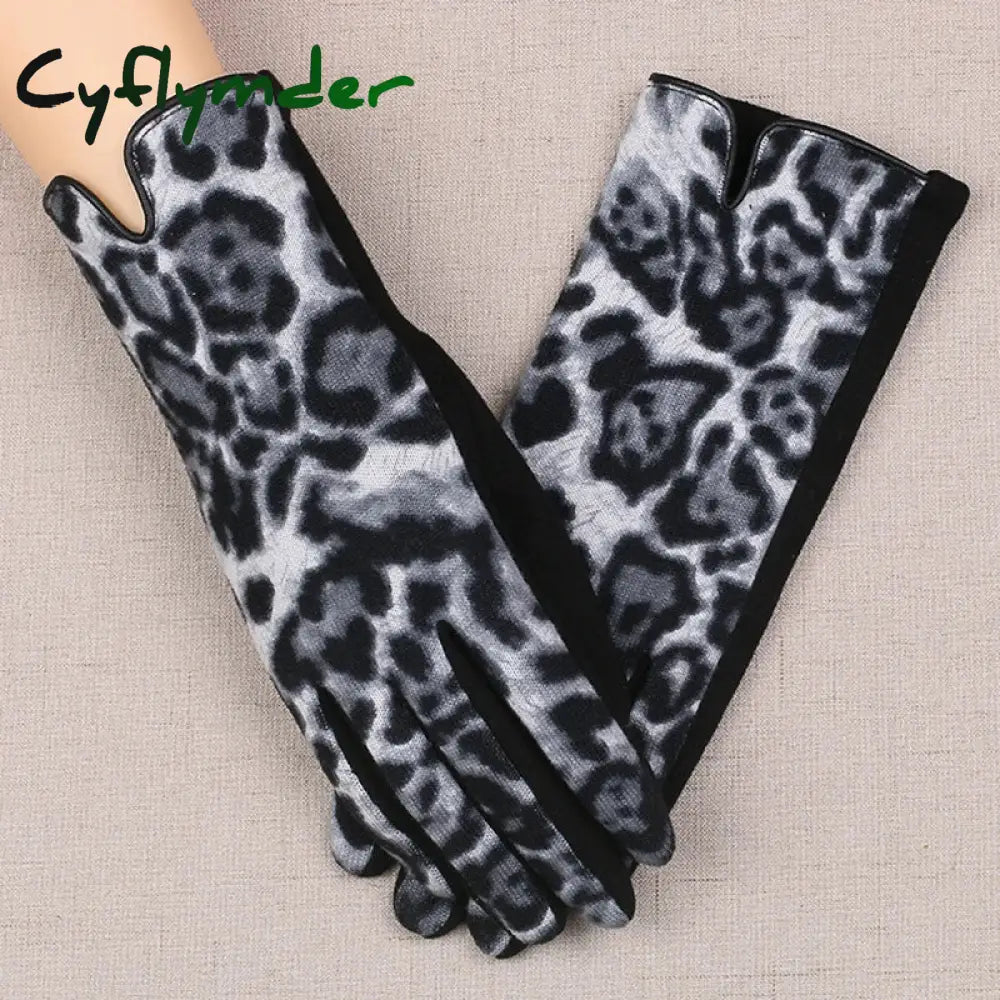 Cyflymder Women Winter Warm Plush Inside Full Finger Leopard Cycling Mitten Female Cashmere Wool Knit Touch Screen