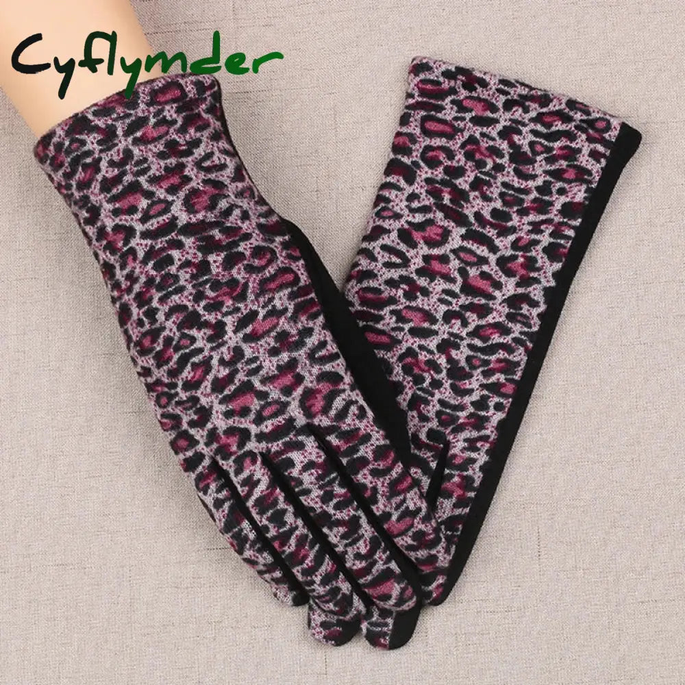 Cyflymder Women Winter Warm Plush Inside Full Finger Leopard Cycling Mitten Female Cashmere Wool Knit Touch Screen