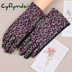 Cyflymder Women Winter Warm Plush Inside Full Finger Leopard Cycling Mitten Female Cashmere Wool Knit Touch Screen