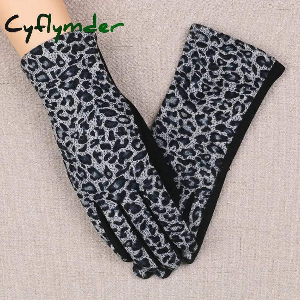 Cyflymder Women Winter Warm Plush Inside Full Finger Leopard Cycling Mitten Female Cashmere Wool Knit Touch Screen