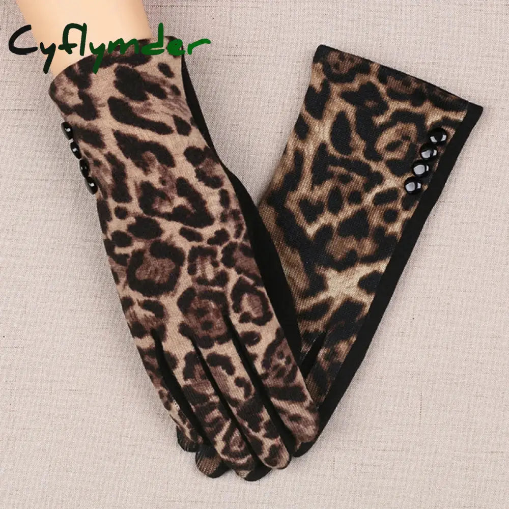 Cyflymder Women Winter Warm Plush Inside Full Finger Leopard Cycling Mitten Female Cashmere Wool Knit Touch Screen