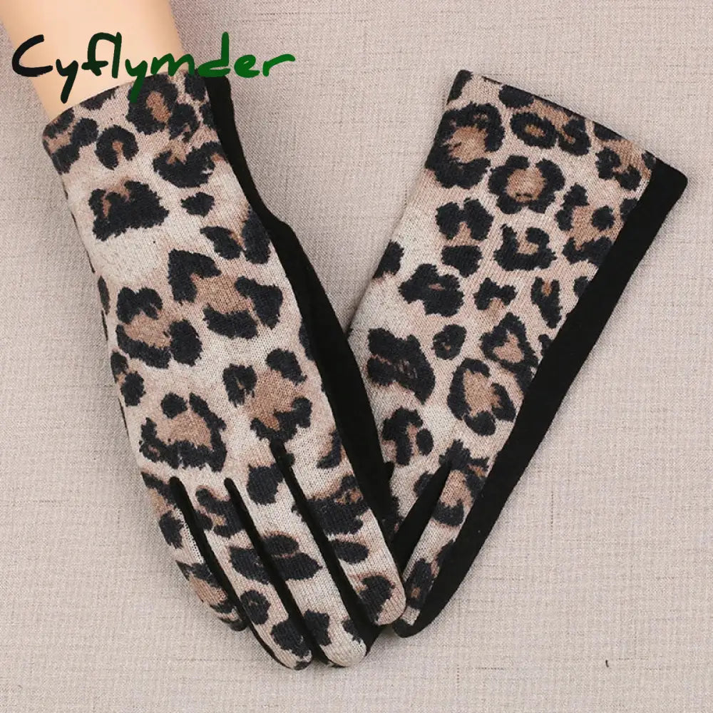 Cyflymder Women Winter Warm Plush Inside Full Finger Leopard Cycling Mitten Female Cashmere Wool Knit Touch Screen