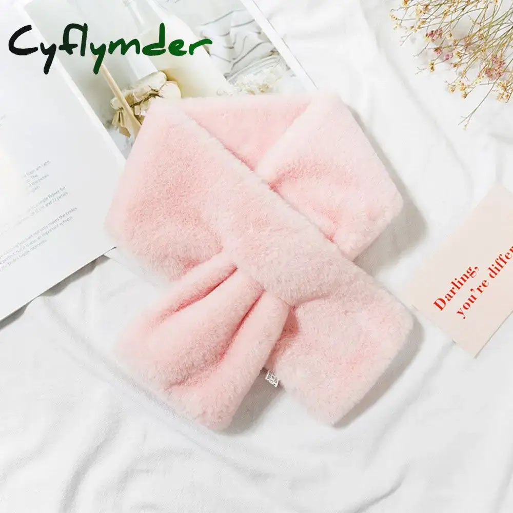 Cyflymder Women Winter Warm Thicken Cross Collar Scarf Solid Color Faux Rabbit Fur Plush Elegant Shawl Scarfs