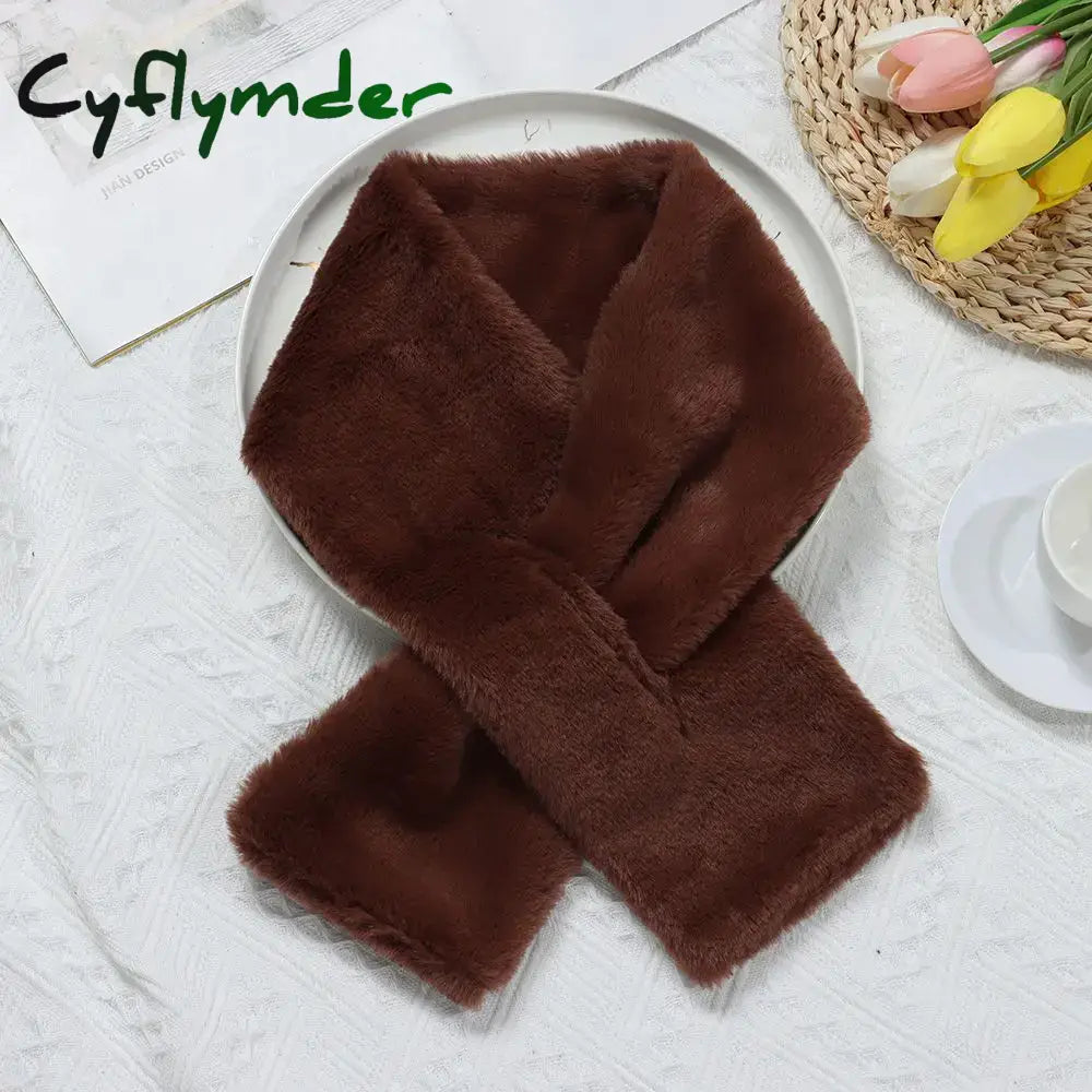 Cyflymder Women Winter Warm Thicken Cross Collar Scarf Solid Color Faux Rabbit Fur Plush Elegant Shawl Scarfs