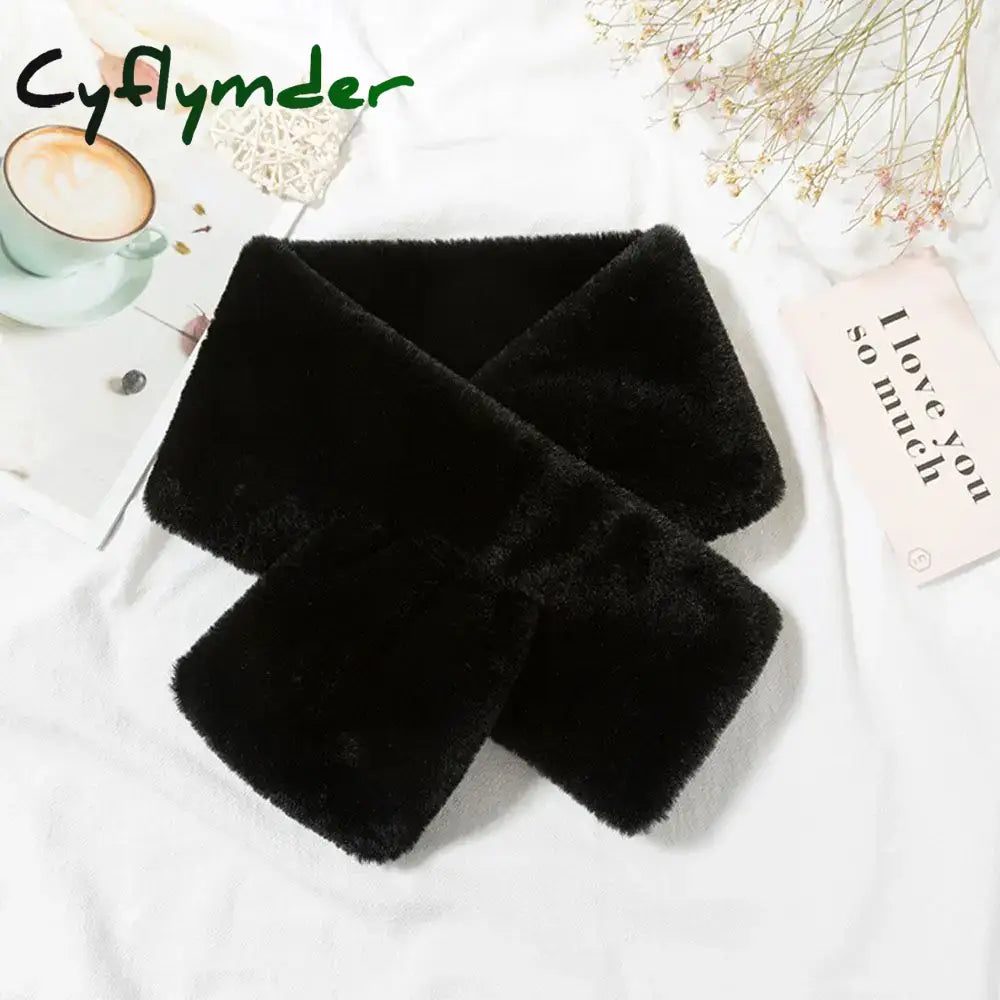 Cyflymder Women Winter Warm Thicken Cross Collar Scarf Solid Color Faux Rabbit Fur Plush Elegant Shawl Scarfs