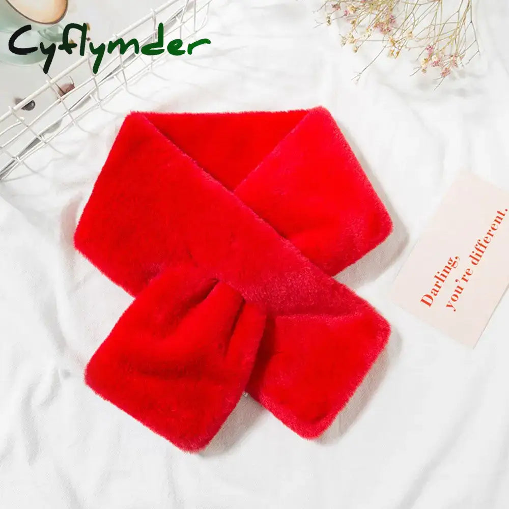 Cyflymder Women Winter Warm Thicken Cross Collar Scarf Solid Color Faux Rabbit Fur Plush Elegant Shawl Scarfs