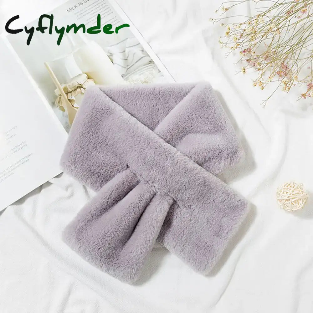 Cyflymder Women Winter Warm Thicken Cross Collar Scarf Solid Color Faux Rabbit Fur Plush Elegant Shawl Scarfs