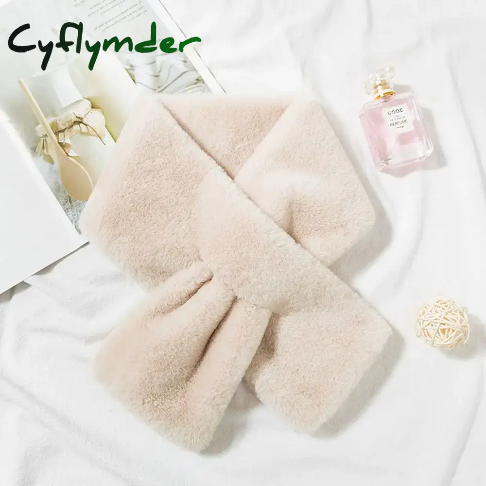 Cyflymder Women Winter Warm Thicken Cross Collar Scarf Solid Color Faux Rabbit Fur Plush Elegant Shawl Scarfs Beige