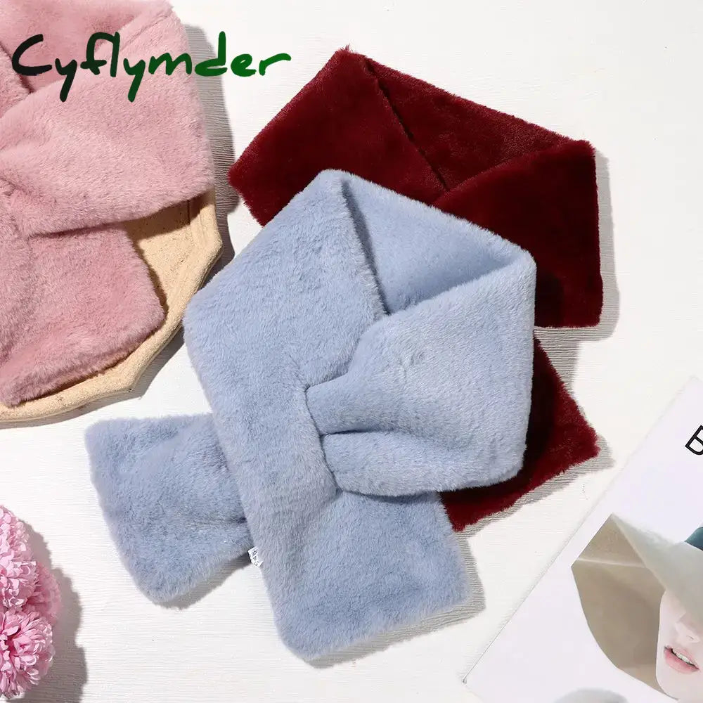 Cyflymder Women Winter Warm Thicken Cross Collar Scarf Solid Color Faux Rabbit Fur Plush Elegant Shawl Scarfs Blue