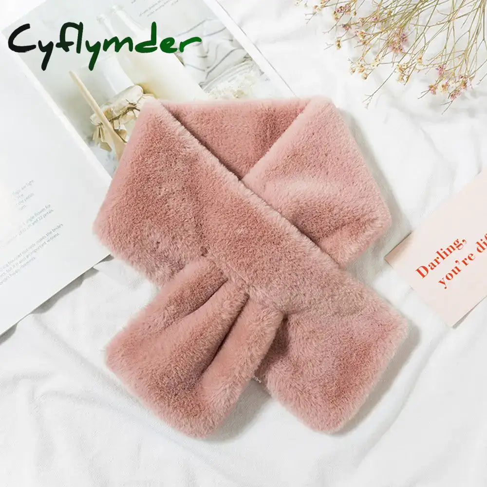 Cyflymder Women Winter Warm Thicken Cross Collar Scarf Solid Color Faux Rabbit Fur Plush Elegant Shawl Scarfs Dark Pink