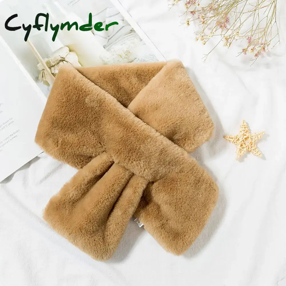 Cyflymder Women Winter Warm Thicken Cross Collar Scarf Solid Color Faux Rabbit Fur Plush Elegant Shawl Scarfs Khaki