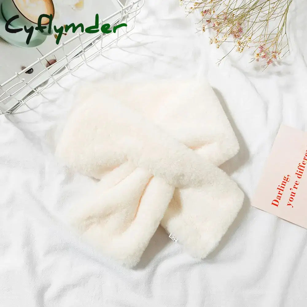 Cyflymder Women Winter Warm Thicken Cross Collar Scarf Solid Color Faux Rabbit Fur Plush Elegant Shawl Scarfs White