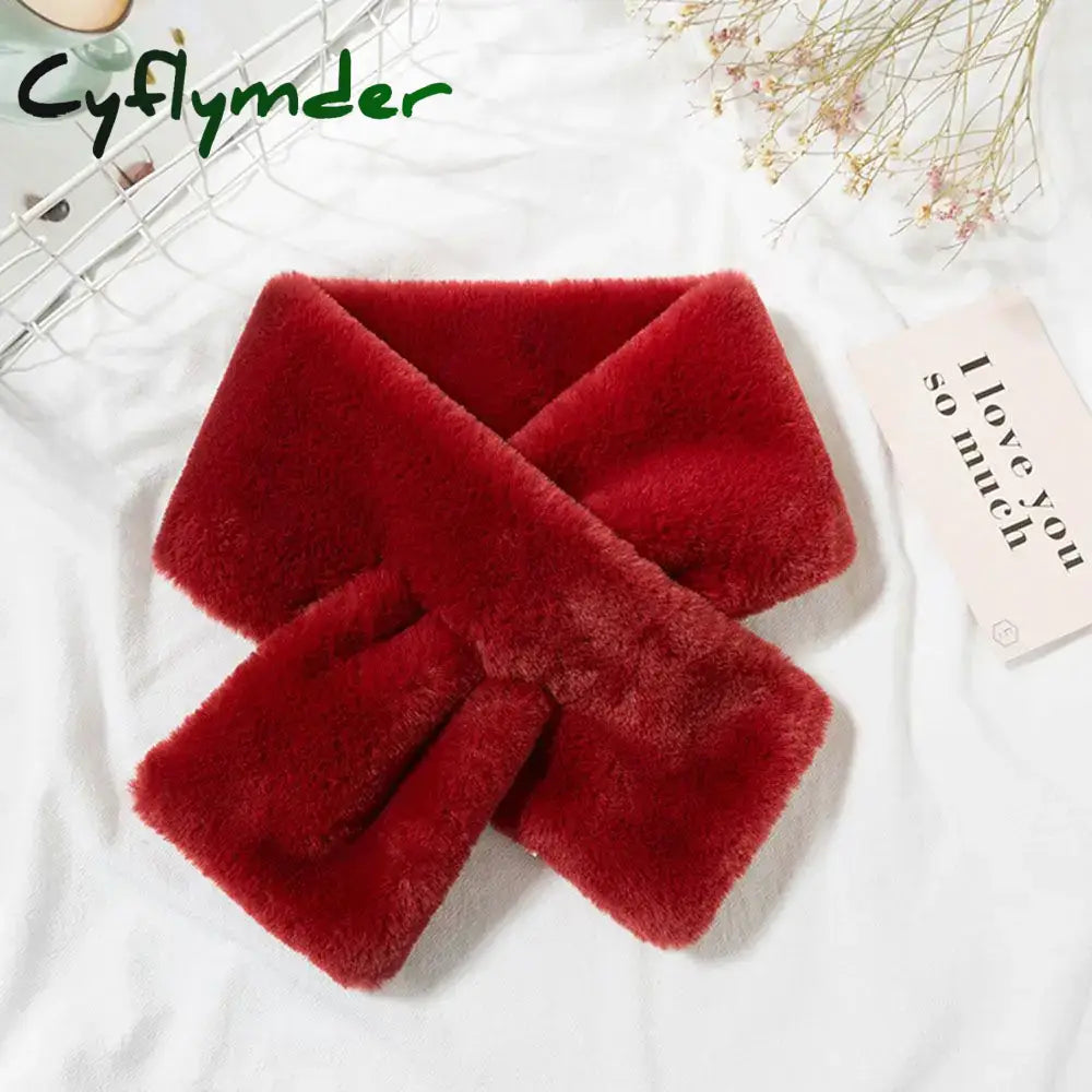 Cyflymder Women Winter Warm Thicken Cross Collar Scarf Solid Color Faux Rabbit Fur Plush Elegant Shawl Scarfs Wine Red
