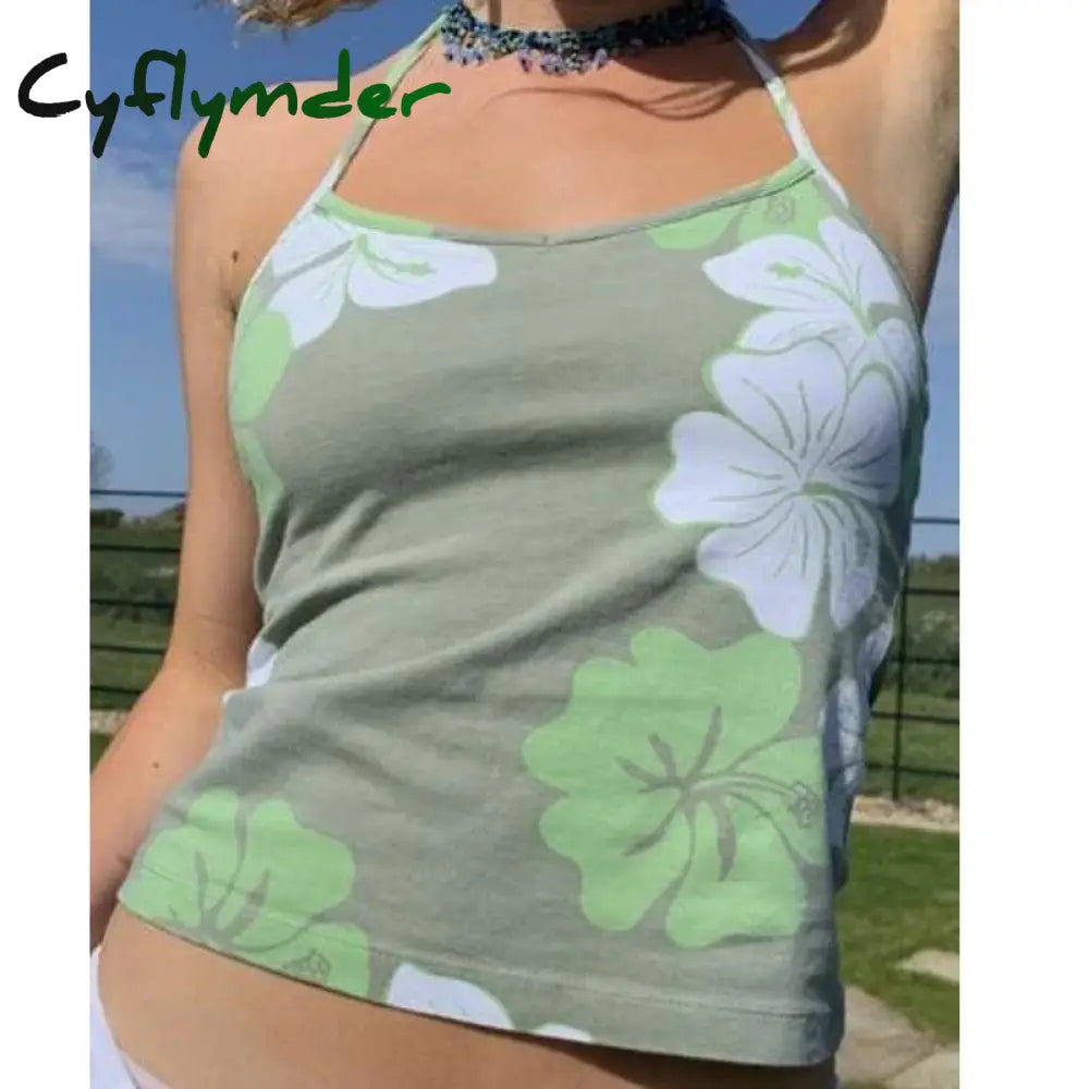 Cyflymder Women Y2K Aesthetic Halter Neck Top Kawaii Flower Print Lace Up Backless Crop 90S Vintage