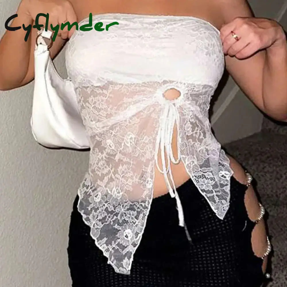 Cyflymder Women Y2k Lace Tube Tops Strapless Off Shoulder Crop Top Slim Fit Drawstring Front Bandeau Tops Sexy Club