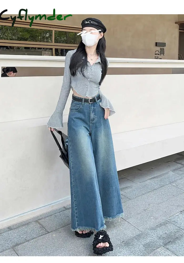 Cyflymder Women’s American Vintage Washed Wide Leg Jeans Street Casual Blue Denim Trousers Female