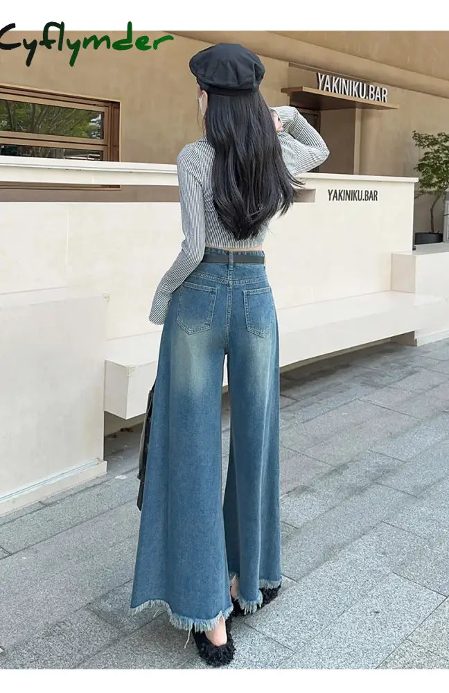 Cyflymder Women’s American Vintage Washed Wide Leg Jeans Street Casual Blue Denim Trousers Female