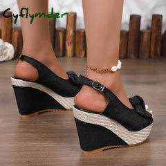 Cyflymder Women’s Ankle Strap Peep Toe Platform Denim Wedge Sandals Zapatos De Mujer Wedges Sandal Thick Sole Sandalias