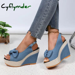 Cyflymder Women’s Ankle Strap Peep Toe Platform Denim Wedge Sandals Zapatos De Mujer Wedges Sandal Thick Sole Sandalias