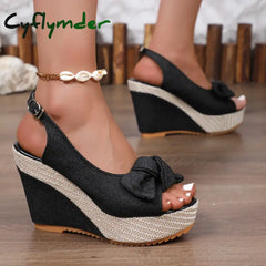 Cyflymder Women’s Ankle Strap Peep Toe Platform Denim Wedge Sandals Zapatos De Mujer Wedges Sandal Thick Sole Sandalias