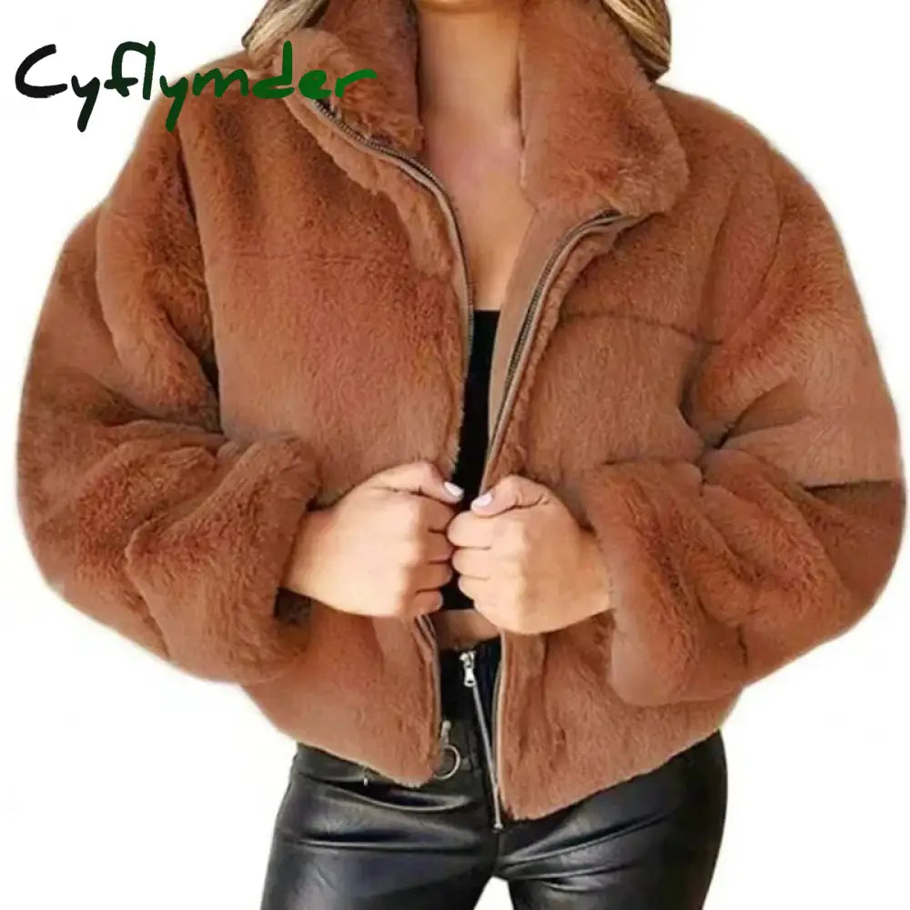 Cyflymder Women’s Autumn Winter Faux Fur Short Coats Zipper Cardigan Plush Warm Coat Female