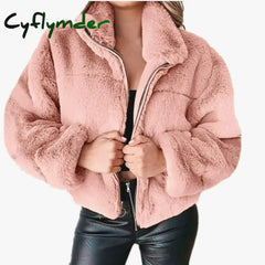 Cyflymder Women’s Autumn Winter Faux Fur Short Coats Zipper Cardigan Plush Warm Coat Female