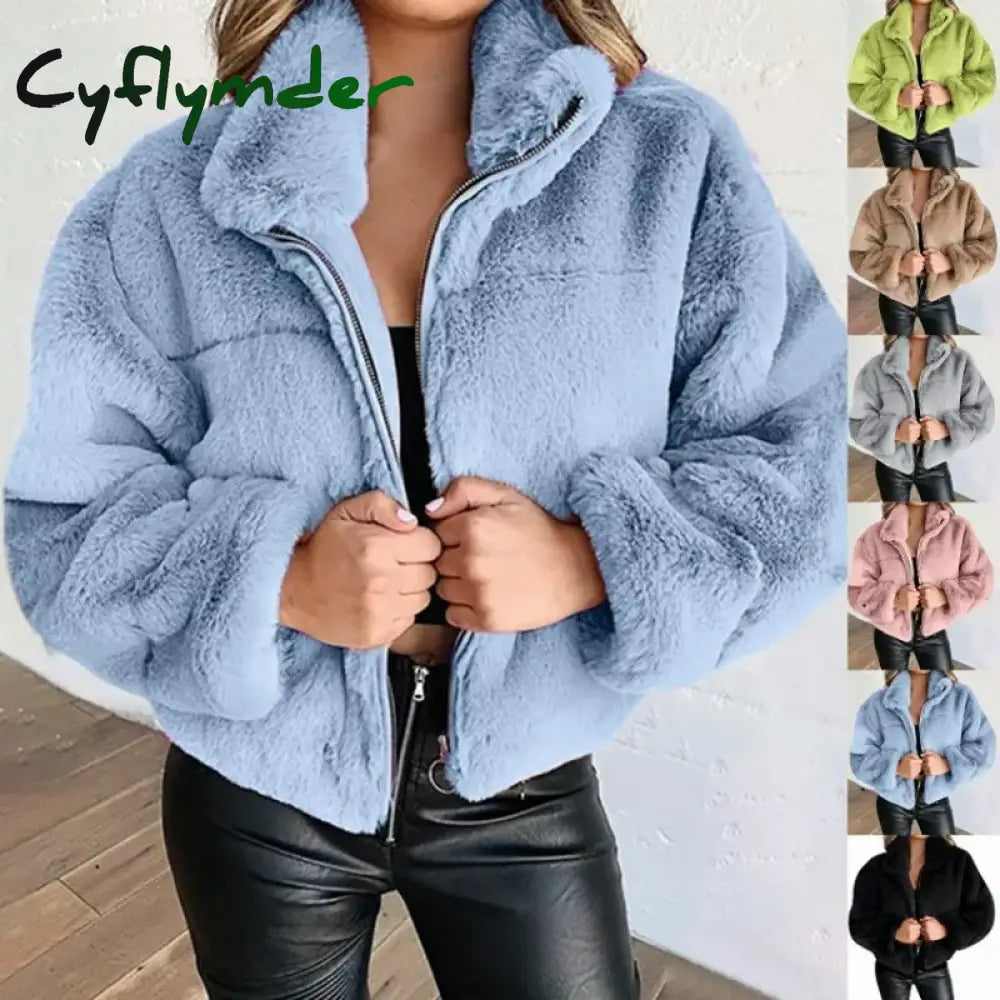 Cyflymder Women’s Autumn Winter Faux Fur Short Coats Zipper Cardigan Plush Warm Coat Female