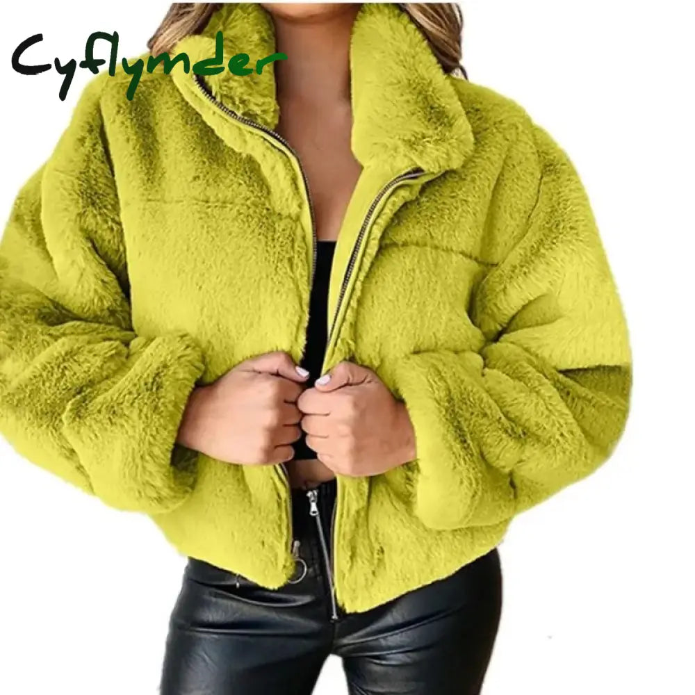 Cyflymder Women’s Autumn Winter Faux Fur Short Coats Zipper Cardigan Plush Warm Coat Female