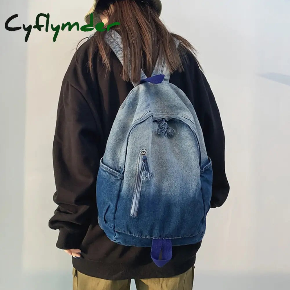 Cyflymder Women’s Bag Trend Gradient Denim Fabric Backpack Men’s Fashion Travel Unisex Student