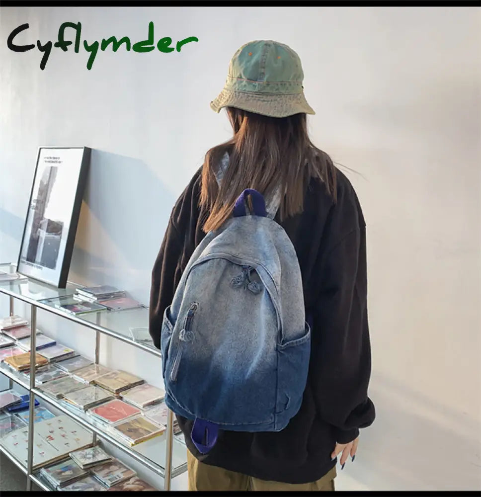 Cyflymder Women’s Bag Trend Gradient Denim Fabric Backpack Men’s Fashion Travel Unisex Student