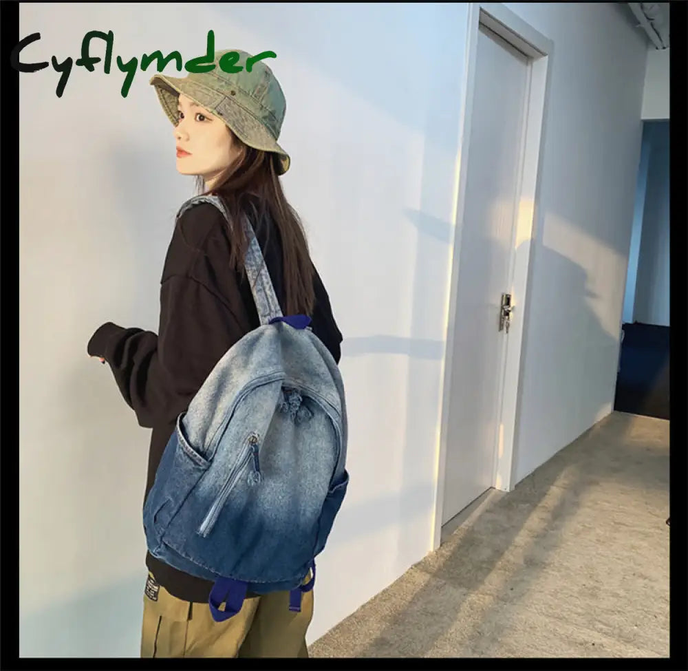 Cyflymder Women’s Bag Trend Gradient Denim Fabric Backpack Men’s Fashion Travel Unisex Student