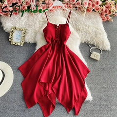 Cyflymder Women’s Beach Travel Clothing Summer Sexy Solid Color Long Sling Dress Lady Casual