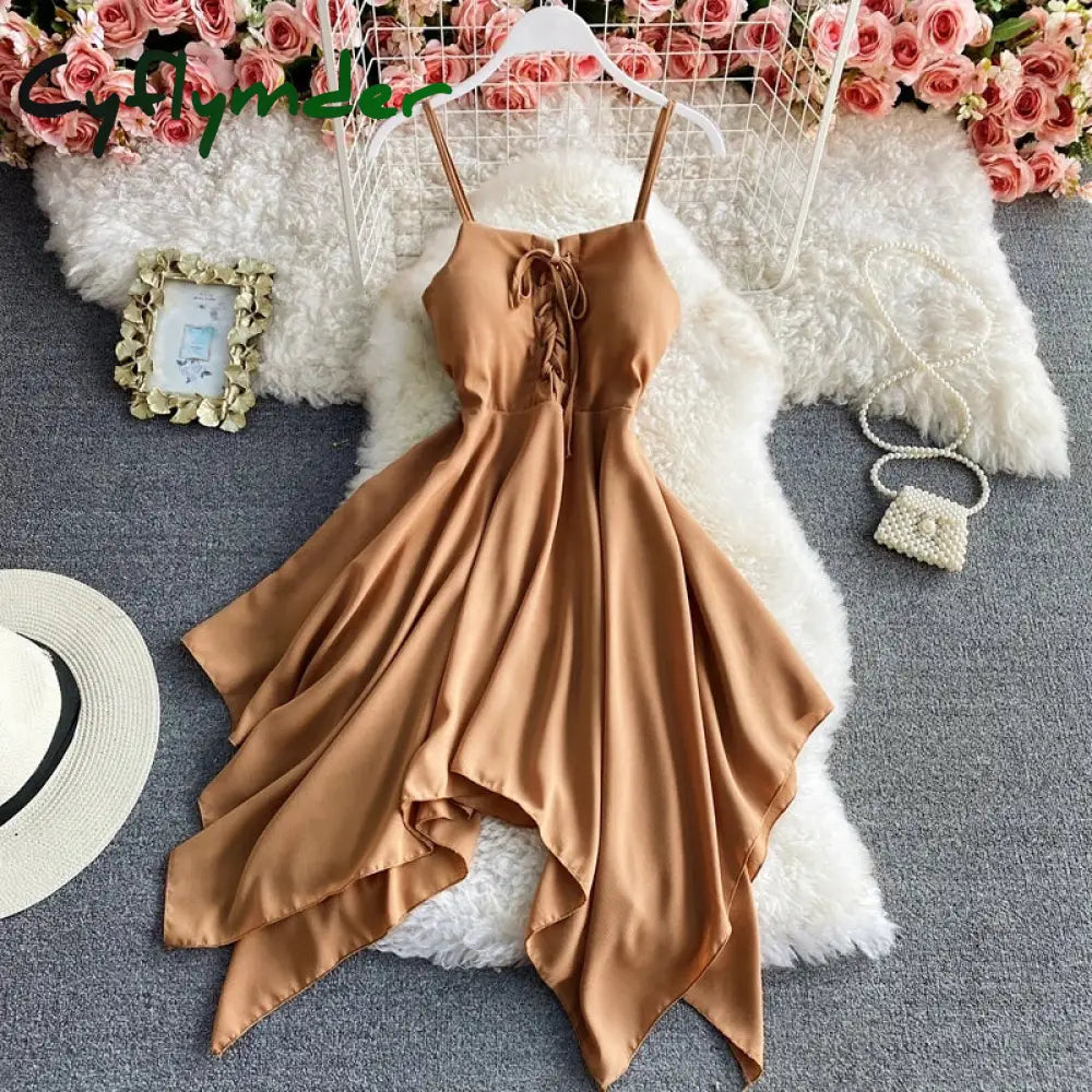 Cyflymder Women’s Beach Travel Clothing Summer Sexy Solid Color Long Sling Dress Lady Casual