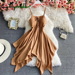 Cyflymder Women’s Beach Travel Clothing Summer Sexy Solid Color Long Sling Dress Lady Casual