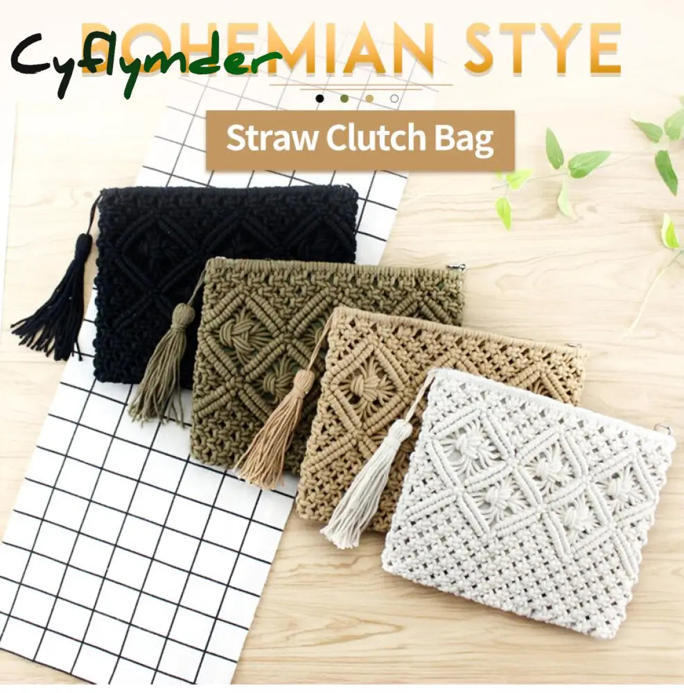 Cyflymder Women’s Bohemian Style Straw Woven Day Clutches Bags Fashionable Simple Tassel Causal