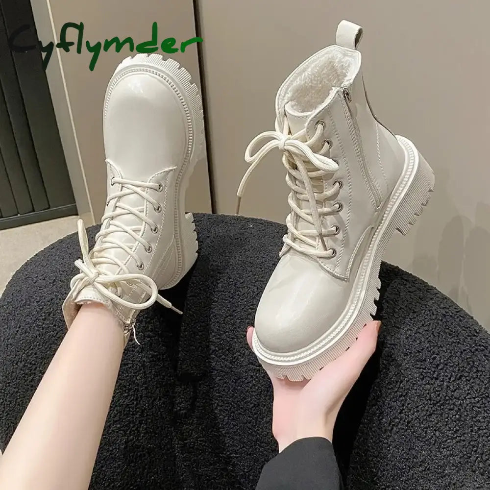 Cyflymder Women’s Boots Autumn/Winter New British Style Plush Fashion Thick Bottom Motorcycle Boots Lace Comfort Zipper
