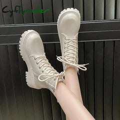 Cyflymder Women’s Boots Autumn/Winter New British Style Plush Fashion Thick Bottom Motorcycle Boots Lace Comfort Zipper
