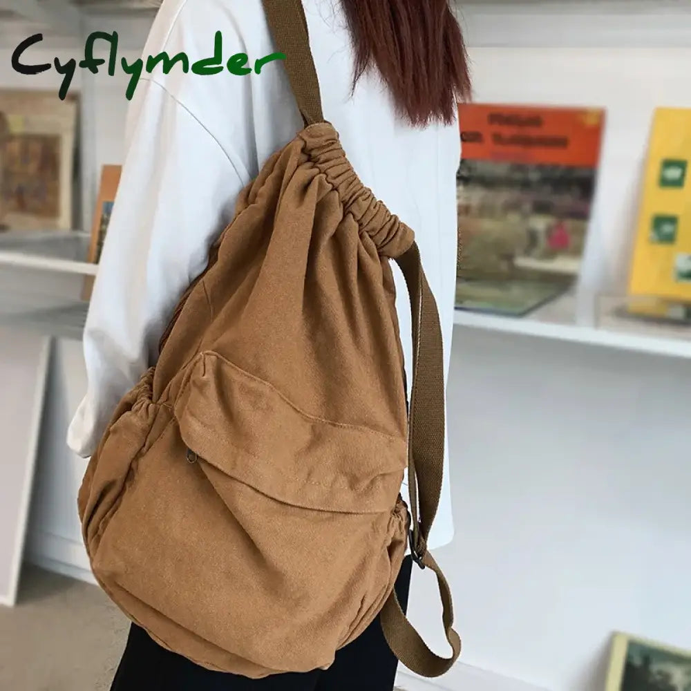 Cyflymder Women’s Canvas Cute Drawstring Backpack Fashion Laptop Schoolbag Cool Girl Travel Brown