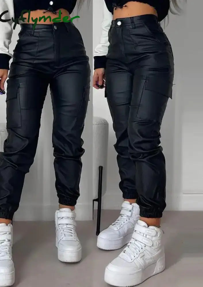 Cyflymder Women’s Cargo Pants Fashion Street Trends Pocket Design Cuffed Y2k Tight PU Leather Trousers Autumn High