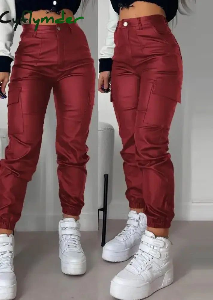 Cyflymder Women’s Cargo Pants Fashion Street Trends Pocket Design Cuffed Y2k Tight PU Leather Trousers Autumn High