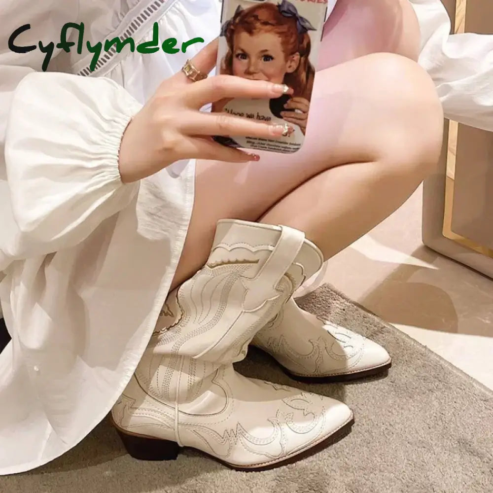 Cyflymder Women’s Embroidered Western Mid Calf Boots Cowboy Square Heels Boots Pointed Toe Platform Boots Women Western