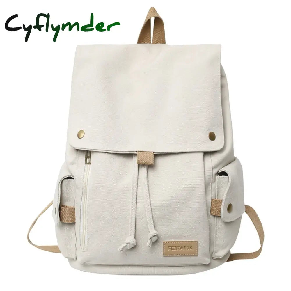 Cyflymder Women’s Fashion Beige Canvas Backpack Men’s Contrast Travel Bag College Girl’s