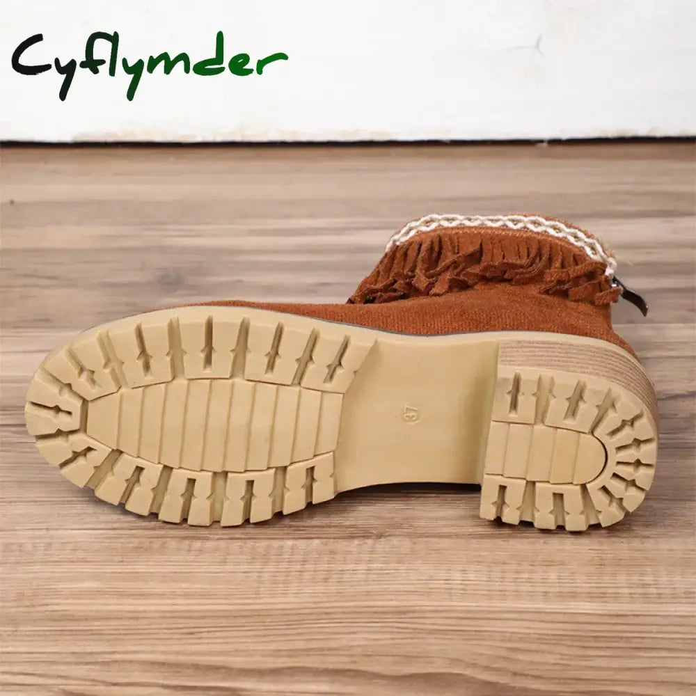 Cyflymder Womens Fashion Embroidered Ankle Boots Comfort Thick Wedge Heel Zipper Tassel Faux Suede Short Boots Cowboy
