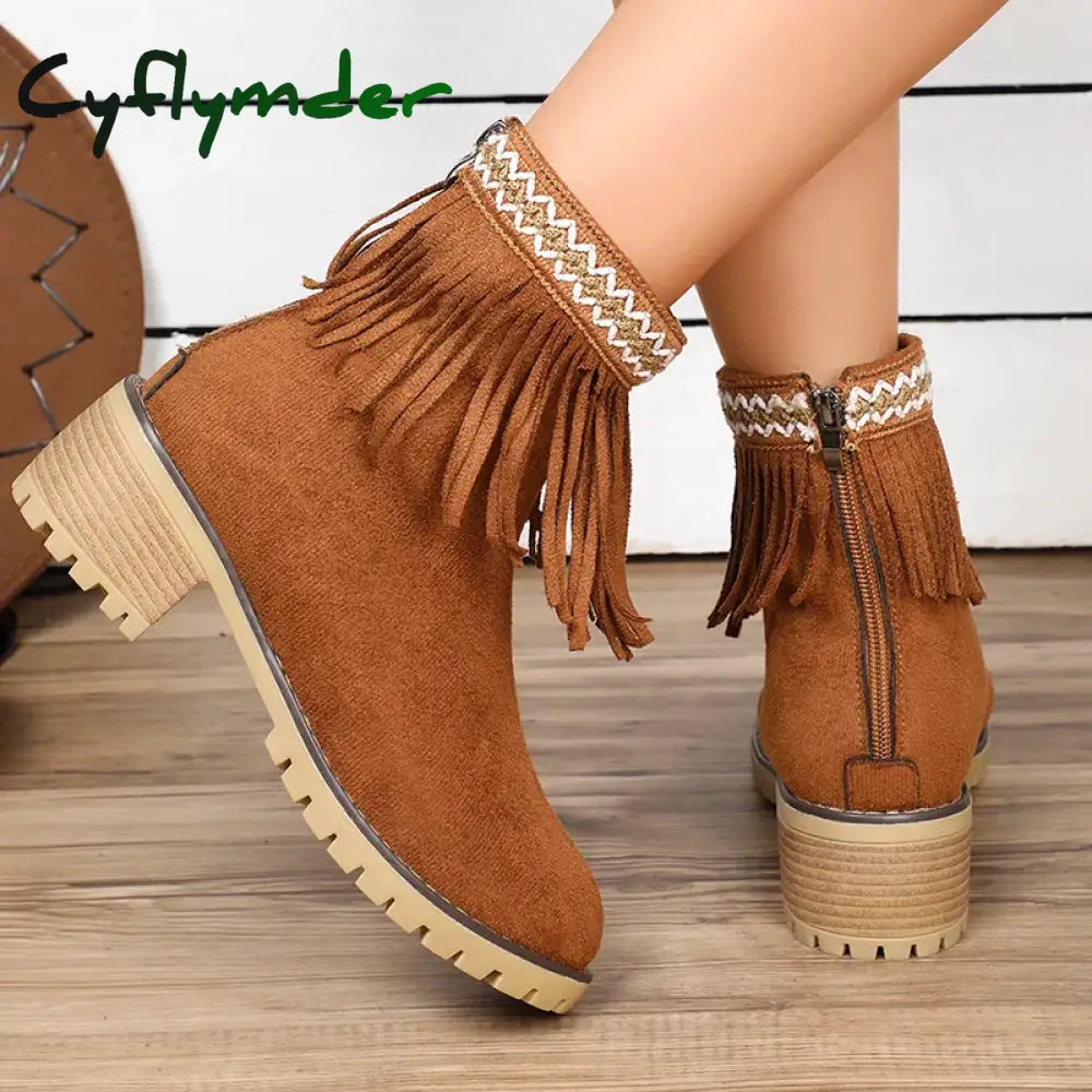 Cyflymder Womens Fashion Embroidered Ankle Boots Comfort Thick Wedge Heel Zipper Tassel Faux Suede Short Boots Cowboy