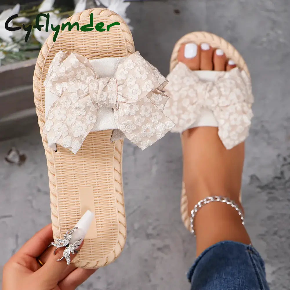 Cyflymder Women’s Fashion Trend Lace Bow Anti Slip Wear-resistant Comfortable Soft Sole Flat Heel Slippers