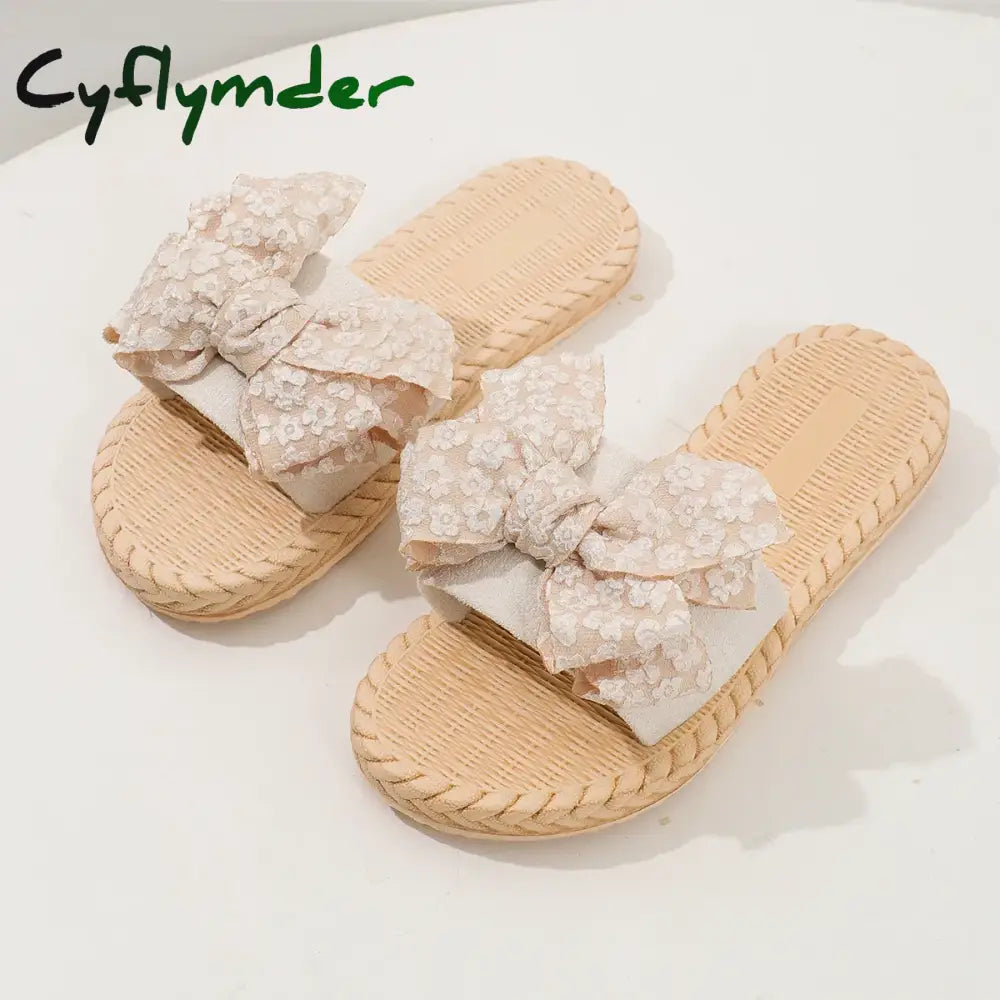 Cyflymder Women’s Fashion Trend Lace Bow Anti Slip Wear-resistant Comfortable Soft Sole Flat Heel Slippers